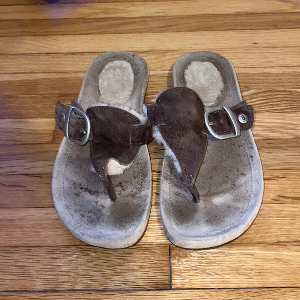 UGG Suede and Sherpa Sandals. Brown with silver hardware. Size 7.